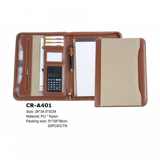 CR-A401 PU & Nylon Fashion women Portfolio Zipped A4 Conference Folder with Calculator