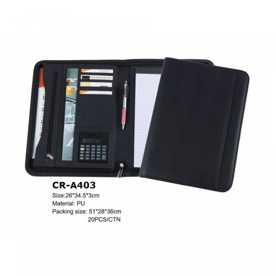 CR-A403 Leather A4 Zipped Portfolio with multiple interior pockets