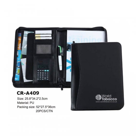 CR-A409 Black A4 Faux Leather Zippered Conference Folder with Calculator