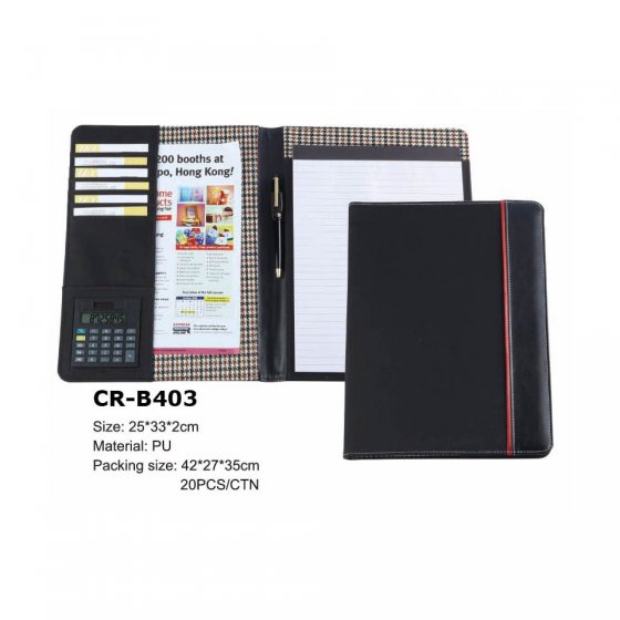 CR-B403 Black PU Leather A4 Conference Pad Holder with vertical Red rope