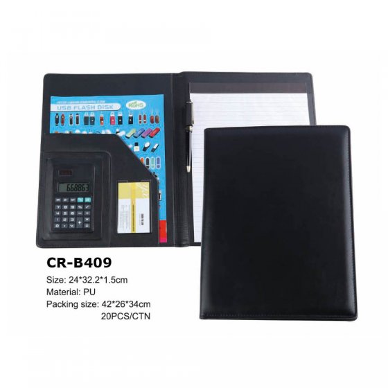 CR-B409 OEM China supplier PU material Presentation Padfolio Full Plain cover folder with calculator