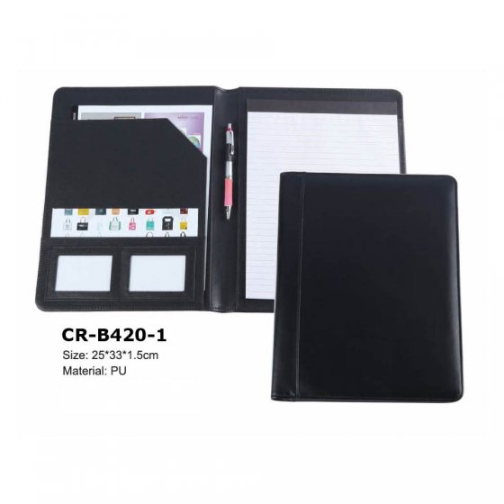 CR-B420-1 Black Leather A4 Deluxe Executive Conference Folder Portfolio with Notebook