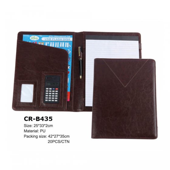 CR-B435 Brown Leathe Cover Business File Folder Document Organizer with Calculator