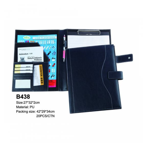 CR-B438 PU Leather Padfolio Portfolio Notepad Jotter Organizer with File Clip and Strap & press stud closure