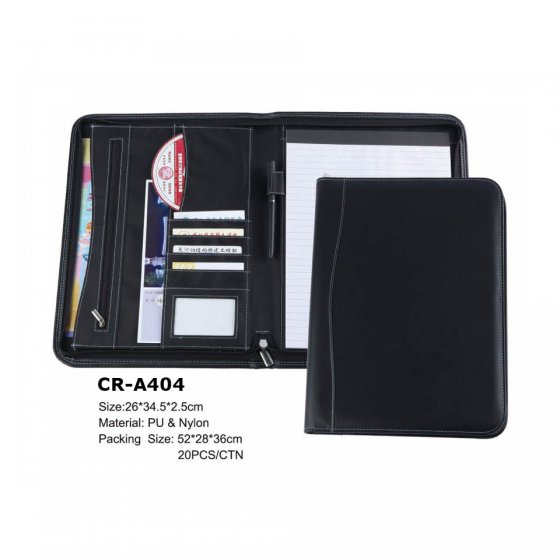 CR-A404 Black Leather A4 Zipped Executive Conference Folder with CD Pocket