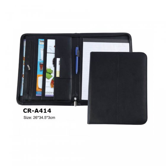 CR-A414 A4 executive Leather Portfolio Manufacturer Zipped Folio Case Black