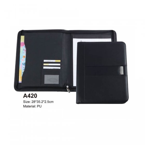 CR-A420 Zipper Document case leather Notebook portfolio A4 Black