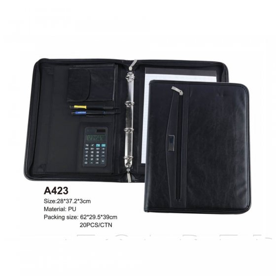 CR-A423 Black leather portfolio briefcase A4 four hole ring binder with exterior zipped pocket