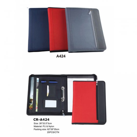 CR-A424 PU & Nylon Material and Folder Shape 2 hole ring binder with exterior zipped pocket A4