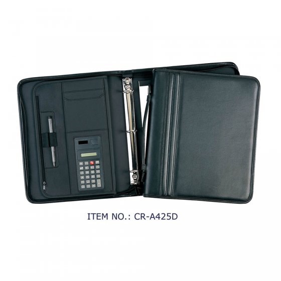 CR-A425D Deluxe Leather A4 Zipped Ring Binder Portfolio with a Carrying Handle