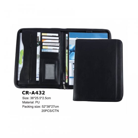 CR-A432 HOT Sales Black Leather Cover Office Document A4 File Folder Loose leaf Travel Padfolio