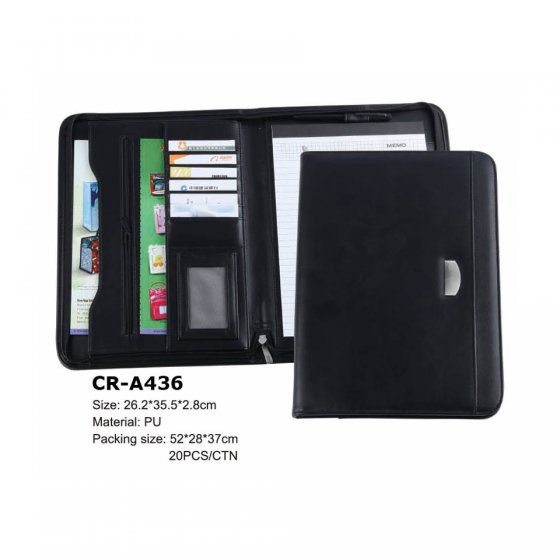 CR-A436 A4 Conference Folder Zipped Folio Case Leather Business Portfolio Organiser Black New